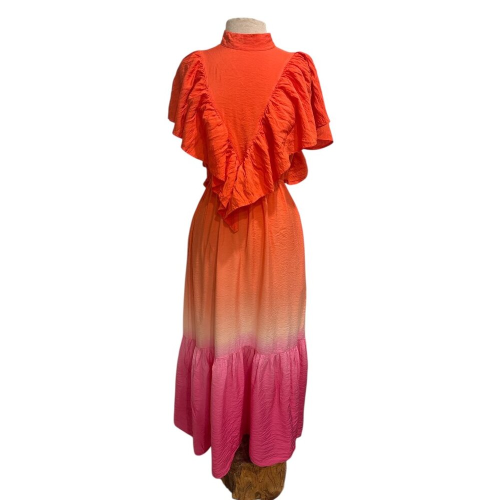 Young Fabulous & Broke Ombré Maxi Dress Open Back Ruffle Coral Pink M - Picture 2 of 11